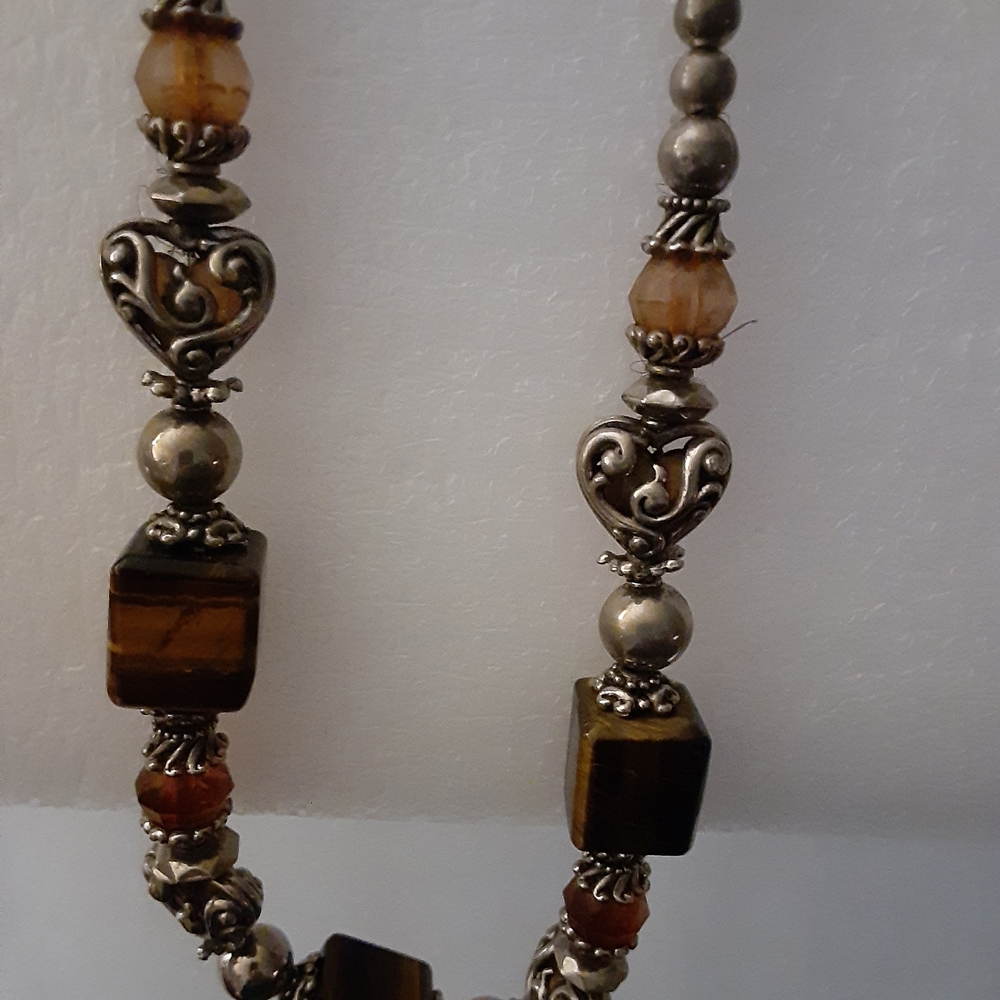 Vintage Artisan Silver and Brown Beaded Necklace